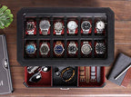 ROTHWELL 12 Slot Leather Watch Box with Valet Drawer - 12 Slot Luxury Watch Case Display Organizer, Microsuede Liner, Mens Accessories Holder, Jewelry Case, Jewelry Display Organizer (Black/Red) - color: Black/Red
