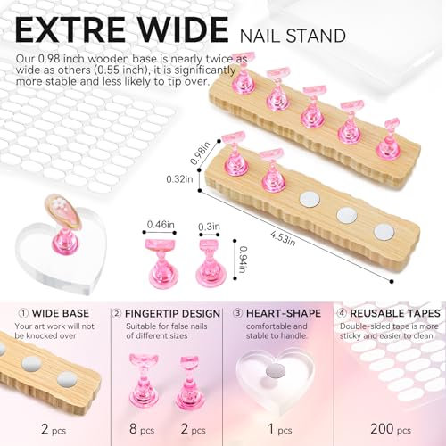 Nail Stand for Press On Art Display Practice 2 Sets, 1 Heart Acrylic Magnetic Nail Stands, Fake Nail Holder Tips, 200 PCS Double-Sided Tape, DIY Kit Home Supplies (Wood And Pink, Medium) - color: Wood And Pink, size: Medium