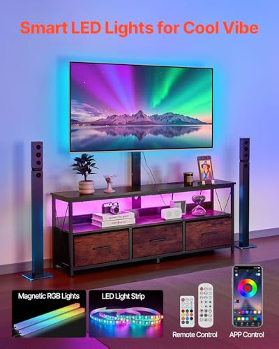 VEVOR 52" TV Stand with Mount for up to 75 in TVs, Entertainment Center with Power Outlet & LED Lights, Height Adjustable TV Console with Mount with 3 Drawers for Bedroom, Living Room, Brown - color: Brown, size: for 75" TVs