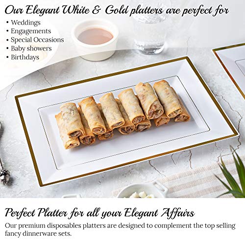 Elegant Plastic Serving Tray & Platter Set (6pk) - White & Gold Rim Disposable Serving Trays & Platters for Food - Weddings, Upscale Parties, Dessert Table, Cupcakes - 8 x 12.85 inches - color: White + Gold (6 Pk)
