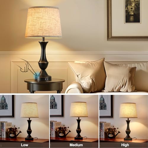 Luvkczc Upgraded Touch Table Lamps Set of 2, 22" Tall Bedside Lamps with USB C+A Ports, Dimmable Nightstand Lamps for Bedroom, Living Room, Office, Black Lamp with Beige Lampshade, Bulb Included - color: Black, Beige, size: 22in