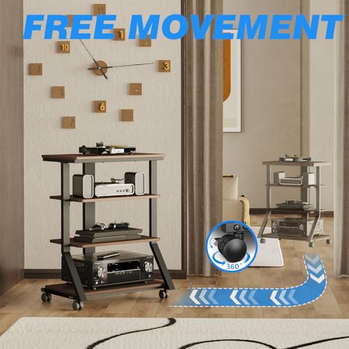 Rfiver 4-Tier AV Media Stand with Wheels, Mobile Rack Audio Tower with Height Adjustable Shelves, Wooden Stereo Racks and Stands, Stereo Stand for Record Player, TV Box, Corner Entertainment Center