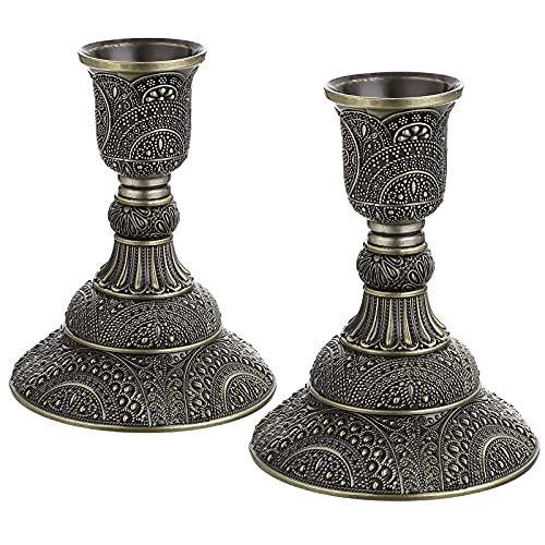 OwnMy Set of 2 Taper Candle Holders Vintage Metal Pillar Candlestick Holders 4”H, Elegant Brass Candle Stick Holders Decorative Candelabra Set for Dining Table Centerpieces Wedding, Antique Bronze - color: Antique Bronze