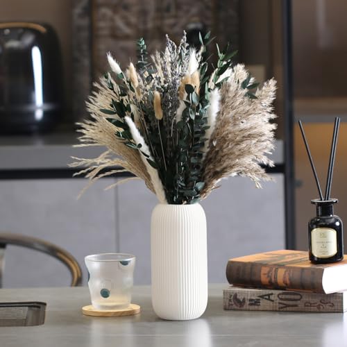 Bohemian White Ceramic Vase - for Pampas Grass, Mantel, Bookshelf, Entryway and Living Room Decor (White, 8in-Pill) - color: White, size: 8in-Pill