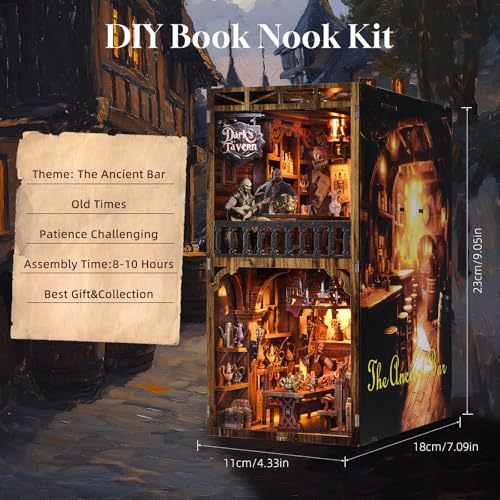 TOYQI Book Nook Kit, DIY Miniature Dollhouse Kit for Adults and Teens, Booknook Tiny House Kit Bookshelf Decoration 3D Wooden Puzzle Bookend - style: The Ancient Bar