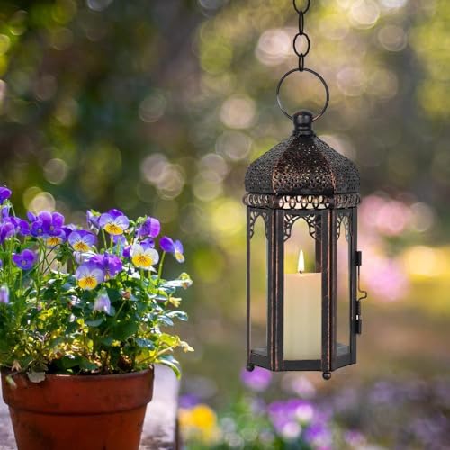 DECORKEY Vintage Medium Size Lantern Decorative Indoor & Outdoor, Moroccan Hanging Lantern with Clear Glass, Metal Tabletop Candle Lanterns for Front Porch Patio Decor, Christmas Decorations - color: Clear 2, size: Medium