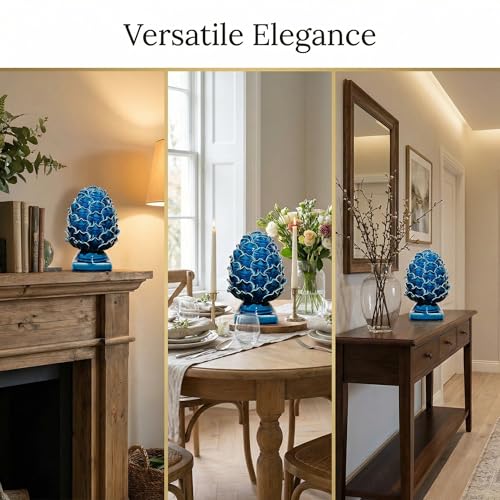 Blue Ceramic Artichoke Statue - Unique Artisanal Decorative Sculpture, Decor for Living Room, Office, Bookshelf