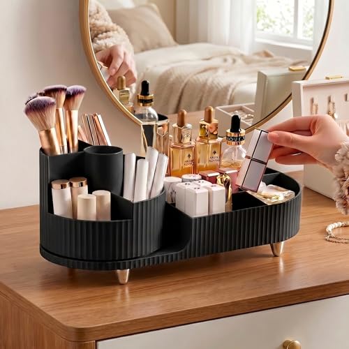 Booklov Rotating Makeup Caddy Organizer for Vanity, Large Capacity Cosmetic Display Case, Countertop Beauty Storage Holder for Skincare, Brush Eyeshadow Lipstick, Counter Desk Organization, Black - color: Black, size: L01