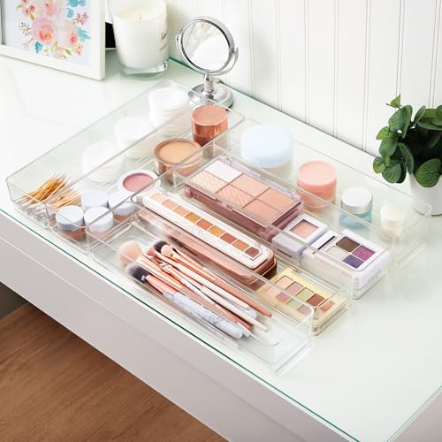 STORi SimpleSort 6-Piece Stackable Clear Drawer Organizer Set | 12" x 3" x 2" Rectangle Trays | Narrow Makeup Vanity Storage Bins and Office Desk Drawer Dividers | Made in USA - size: 12x3x2" (Set of 6)