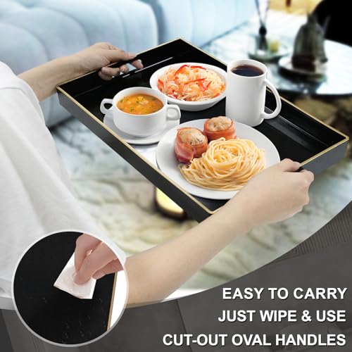 MAONAME Black Decorative Tray for Coffee Table, Modern Serving Tray with Handles, Plastic Rectangular Tea Trays for Ottoman, Bathroom Decor, 15.8” X 10.2” x 1.4" - color: Black, size: 15.8" x 10.2" x 1.4"