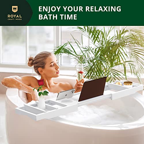 ROYAL CRAFT WOOD Premium Foldable Bathtub Tray Caddy - Wood Bath Tray for Tub, Bamboo Shelf, Expandable Bath Table Trays, Bathtub & Bathroom Accessories for New Home & Mothers, Birthday Gifts for Mom - color: White