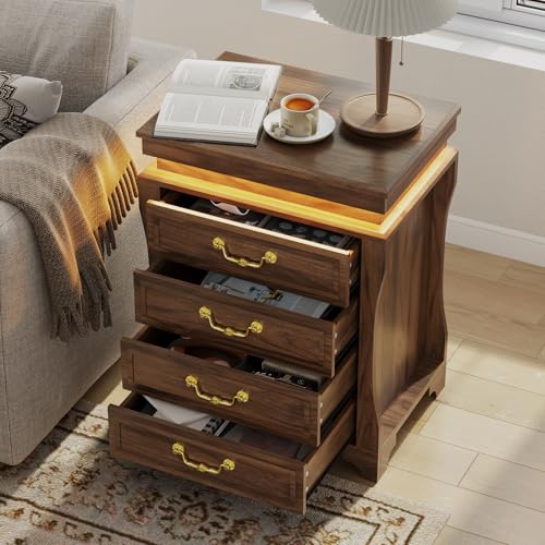 Nightstand with Hidden Compartment & Charging Station, Vintage Bedside Table with LED Lights, Night Stand with 4 Storage Drawers, Large Modern Nightstands Wood End Table for Living Room (Walnut)