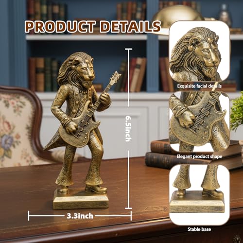 Vintage Animal Statue Sculpture,Gold Resin Music Lion Figurine with Guitar, Retro Office Desk Decor for Home Living Room, Creative Gift for Animal Lovers - color: Music Lion