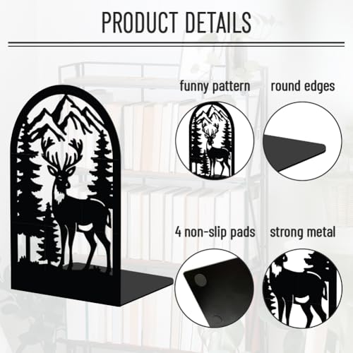 WADORN 1 Pair Forest Deer Metal Bookends for Shelves Decorative, Rustic Mountain Forest Heavy Duty Metal Decorative Book Ends Non-Skid Black L-Shaped Book Stopper for Library Home, 5.3x4.3x7.9 Inch