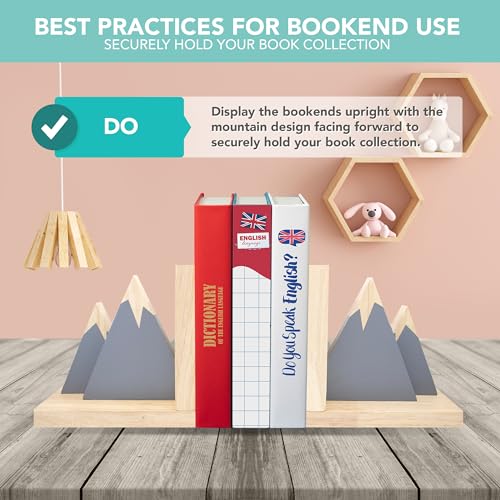 Decorably Gray Mountain Book Ends for Kids Books - 1 Set Non-Skid Wooden Decorative for Girls and Boys Room, Baby's Nursery, Classroom Decor