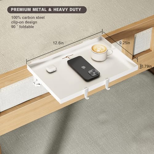 Magheo Bedside Shelf Foldable, Metal Clip-On Bunk Bed Table Shelf for Top Bunk Heavy Duty Bed Side Table Tray for College Dorm Room Essentials, Loft Nightstand Organizer Tray with 1 Cord Hole(White) - color: White, size: 12.6" x 9.28" x 0.79"