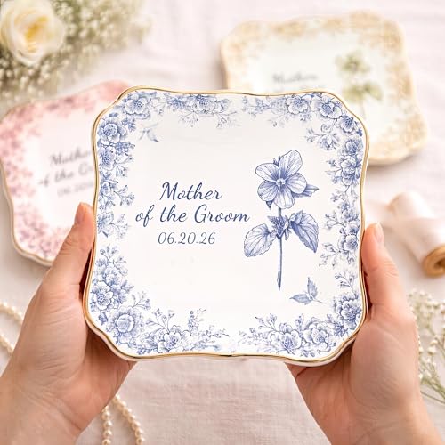 Personalized Mother of the Groom Ring Dish, Blue Floral Porcelain Jewelry Tray for Wedding Day, Scalloped Edged Ceramic Keepsake Bowl From Bride, Custom Engagement Date Trinket Plate Mother-In-Law - color: Design 03