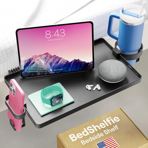 BedShelfie Bedside Shelf for Dorm Room Bunk Bed & Top Bunk, College Dorm Room Essentials, Bedside Caddy, Clip on Floating Tray, Bed Side Table Storage, Loft Nightstand Decor, Black - color: Black, size: DormEssential (15.1 x 10.5 inches)