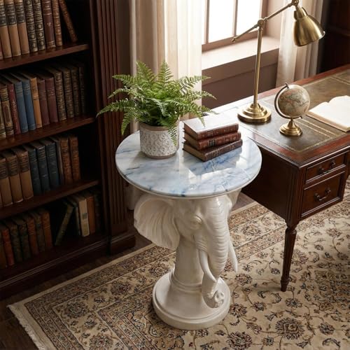 Modern Accent Table with White Elephant Ornament Base, Minimalist Faux Marble End Table for Living Room Reception Area & Bedroom, 19.69 Inches Wide × 25.98 Inches High - color: White Elephant Head Statue