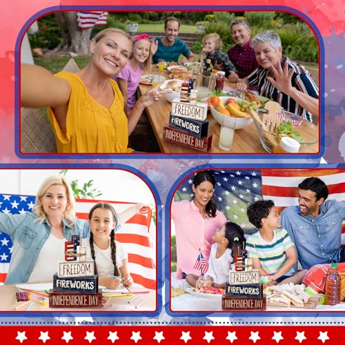 CroBlissful 4 Pcs 4th of July Decorations Patriotic Memorial Day Tabletop Decorations Red White Blue Table Centerpieces Sign for Office Tiered Tray Home Shelf 250th Anniversary(Patriotic) - style: Patriotic