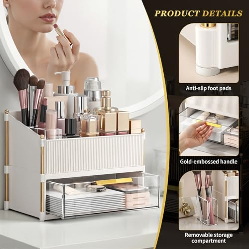 INVSSENE Stackable Makeup Organizer Countertop, Storage Perfume Skincare Cosmetic Lipstick Face Mask Makeup Brush Palettes, Ideal for Vanity Bathroom Counter - color: 3514 White+Clear