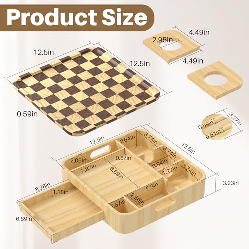 Couch Cup Holder, Checkered Couch Tray Cup Holder Sofa Tray, Large Capacity 2-Tier Wooden Trays with Drawer for Sofa, Bed, Picnic, Drinks, Remote, Cell Phone,TV Trays (Solid Pine Wood)12.5*12.5 in - color: Pine Wood + Checkered