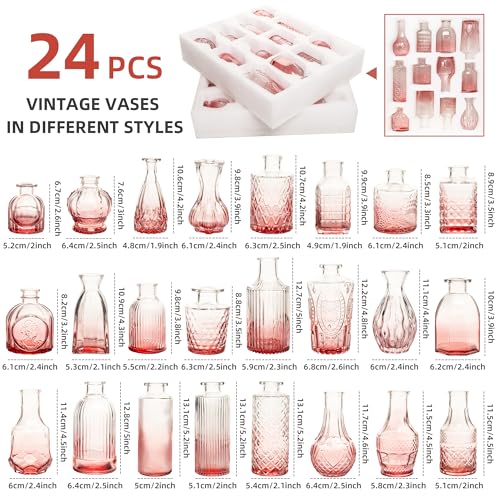 UMEIED 24 Pack Glass Bud Vases in Bulk for Centerpieces, Clear Vintage Decorative Small Vases for Flowers, Wedding Rustic Home Table Decor (Pink) - color: Pink