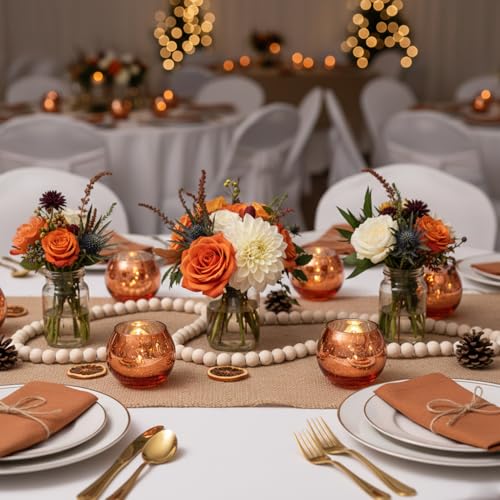 LAMORGIFT 24 Pcs Burnt Orange Candle Holders- Mercury Glass Candle Holders for or Boho Wedding Centerpieces, Bridal Shower, Party Table Decor, Fall and Holiday Home Decoration - color: Orange