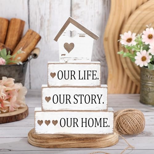 Cinnvoice 4 Pcs Farmhouse Tabletop Decor Rustic Family Blessed Home Table Centerpiece This Is Us Sign for Kitchen Shelf Desk Fireplace Mantel Tiered Tray Decor(Distressed Our Life Story Home) - style: Distressed Our Life Story Home