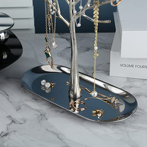 MORE&LESS Branch Jewelry Rack with metal tray,Luxury color,Tree Tower Rack Hanging Organizer for Ring Earrings Necklace Bracelet,Suitable for living rooms, bathrooms,offices,etc. - color: A Silver-Metal Tray