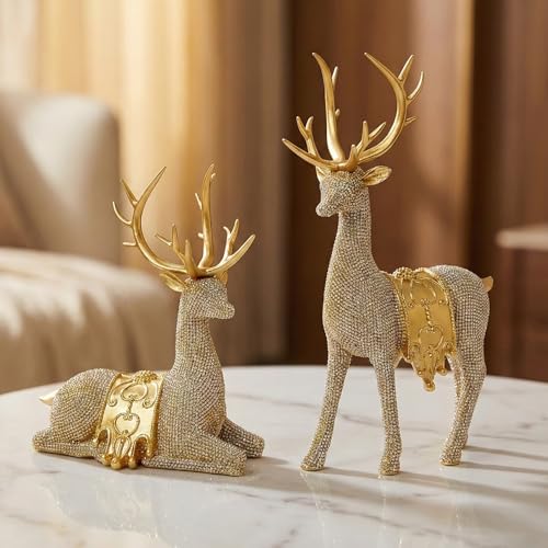 Set of 2 Modern Deer Statues for Home Decor, Handcrafted Resin Elk Sculptures with Intricate Beaded Texture, Elegant Animal Figurines for Living Room, Bookshelf, Office & Housewarming Gift - color: Gold