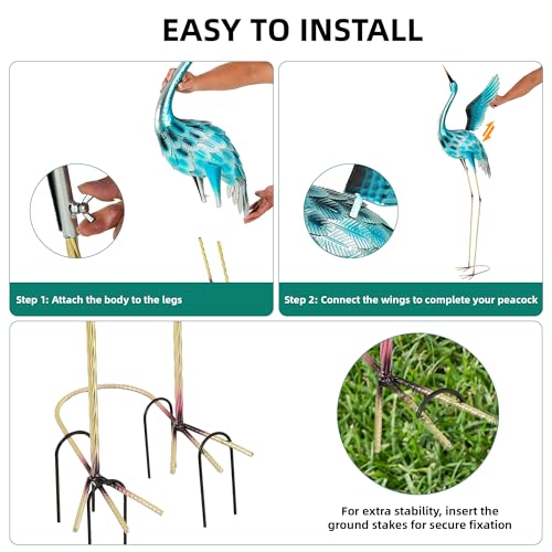 Extra-Large Blue Heron Decor, Handcrafted 47.5" Metal Crane Statue with Stable U-Ground Stakes, Backyard Decoration, Metal Garden Bird Animal Yard Art, Lawn Ornament Decor - color: 47.5" -Glossy Turquoise