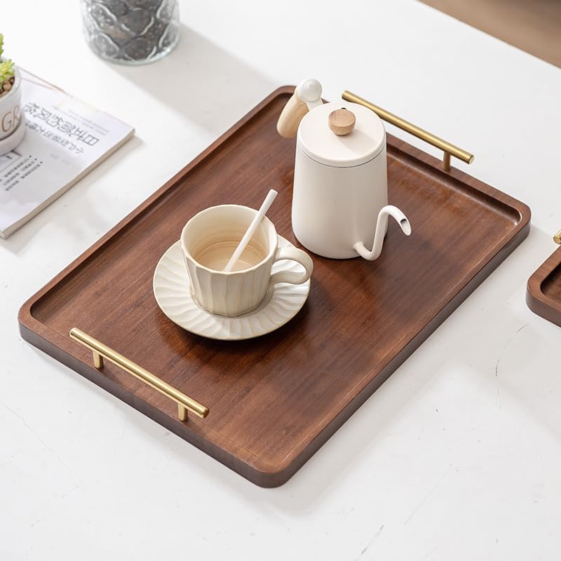 XZHXFX Bamboo Serving Tray with Gold Handles, Food Tray for Breakfast,Coffee Table,Dinner & Bar, Decorative Tray for Kitchen, Bedroom (Large) - size: 14" x 9.5" x 2"