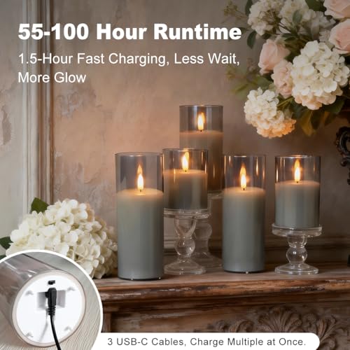 Rechargeable Flameless Candles, Realistic Flickering LED Flame,Real Wax Candle with Remote Control and Timer, Clear Glass Electronic Candles, 1 Set of 5（Gray） - color: Gray-Droplet 5Pcs