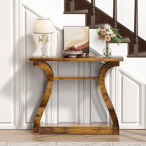 Wooden Console Table with Curved Legs and Shelf, 3-Tier Modern Accent Narrow Sofa Table for Entrance Area, Living Room, Hallway, 47 in Wide Wood Console Table for Entryway (Retro) - color: Retro
