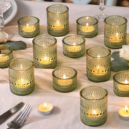 NITIME Green Votive Candle Holders Set of 24, Assorted Heights Polka Dot Tealight Candle Holders for Table Centerpiece, Green Glass Candle Holder Decor for Wedding, Party & Home Decor - color: Green
