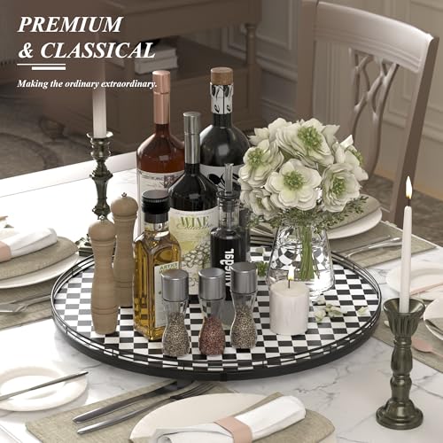 21" Black and White Kitchen Lazy Susan Turntable, Round Checkered Decorative Tray, Large Lazy Susan for Dining Table Centerpiece, Pantry, Kitchen, Bathroom, Countertop, Cupboard, Home Decor - color: Black & White, size: 21 inches