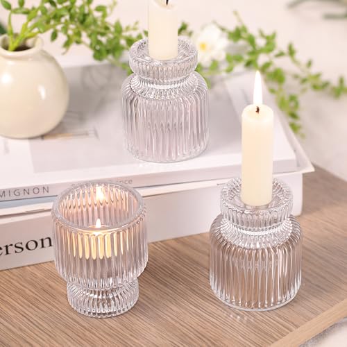 6 Pcs Clear Glass Candlestick Holders with Vertical Stripes - Dual-Use for Taper Candles & Votive/Tea Lights, Taper Candle Holders for Dining Table, Wedding, Home, Party Decor, Gifts - color: Clear, size: 6Pcs