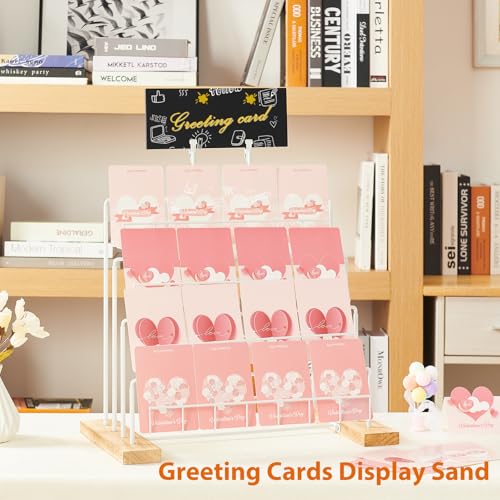 Greeting Card Display Stand, 4-Tier Greeting Card Organizer for Cards, Postcard, Photos, Brochure, Sticker, Trading Cards, Metal & Wooden Retail Display Rack for Vendors Counter Retail (White) - color: White