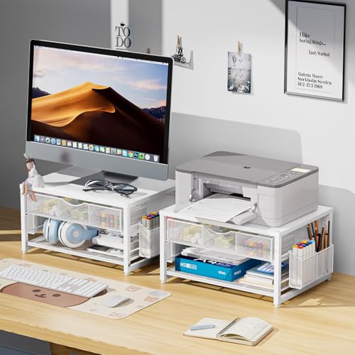 Marbrasse Wood Printer Stand for Desk, 2-Tier Desktop Printer Table for Home Office, Printer Stand with Storage Drawer 2 Pen Holders, Multi-Purpose Desk Organizer for Fax Machine Scanner(Wood White) - color: Wood White