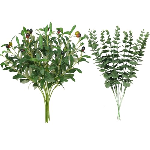 16Pcs Faux Olive Branches&Eucalyptus Branches, 18''Artificial Olive Stems 15''Eucalyptus Stems,Perfect Greenery for Vase,Centerpieces,Spring Decor,Home Decoration for Dining Room&Living Room