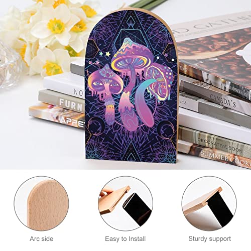 Magic Mushrooms Psychedelic Art Pattern Wood Bookends Decorative Bookend Non-Skid Office Book Stand for Books Office Files Magazine, Wood-style, One Size