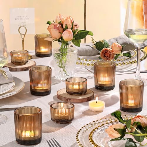 NITIME 20pcs Ribbed Amber Votive Candle Holders, Assorted Glass Tea Light Candle Holders for Fall Decor, Amber Candle Holders for Wedding Centerpieces, Thankgiving and Christmas Decorations - color: Amber