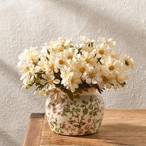 SIDUCAL Ceramic Green and Beige Vase with Wide Mouth Lace, 4.84 Inch Cracked Chinoiserie Rustic Farmhouse Vases, Pastoral Retro Vase for Home Decor, Table, Living Room, Bathroom, Shelf, Wedding - color: 18967-green and Beige