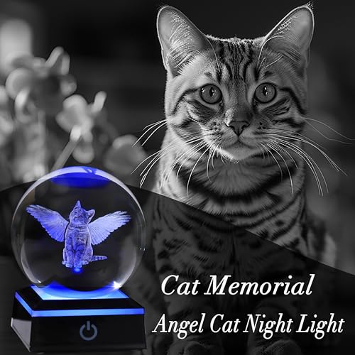 Qianwei Cat Memorial Angel Statue - 3D Crystal Engraved Office Decor - Remembrance Bereavement Sympathy Gift in Memory of Deceased Pets - style: cat memorial