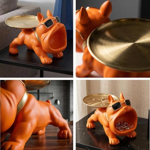 French Bulldog Tray Sculpture – Multifunctional key tray and candy bowl, resin bulldog statue, suitable for entryway tables, office desks, living room use, home decor gift. (orange)