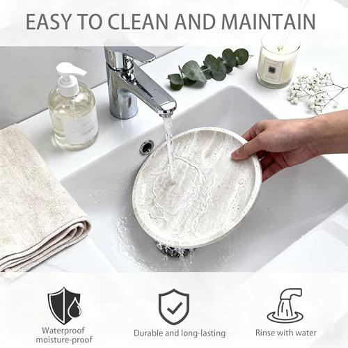 Vanity Tray for Bathroom, Dresser, Counter, Home Decor 10.24” D x 1.18”H Travertine Round Decorative Tray for Candles, Perfumes, Jewelry, Plants Natural Stone Organiser Dish Beige (NS053) - color: Beige Travertine