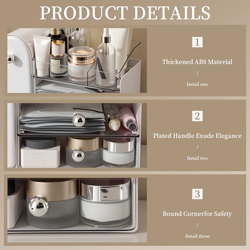 Makeup Organizer with Brush Holder for Vanity, Large Cosmetic Display Cases with 2 Drawers, Skincare Organizer for Bathroom Countertop, White - color: White