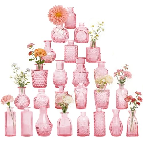 Petal Petite Glass Vase Set of 24 Small Pink Glass Bud Vases, Mini Vintage Flower Vases for Wedding Centerpieces & Table Décor, Champagne Vases in Bulk for Single Stem, Home and Office Decor - color: Pink