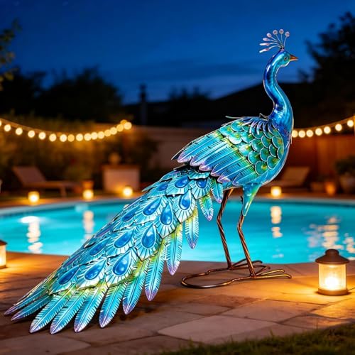 31" L Metal Peacock Garden Statue, Handcrafted Walking Peacock Large Outdoor Yard Art Decor with Iridescent Blue & Green Finish & Ground Stakes, Lifelike Sculpture for Garden Lawn Flowerbed - color: 31"l Iridescent Blue Peacock